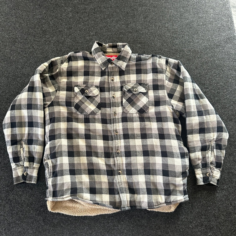 Wrangler Mens Sherpa Lined Flannel Shirt Jacket Grey Black Plaid HES4WVA Large